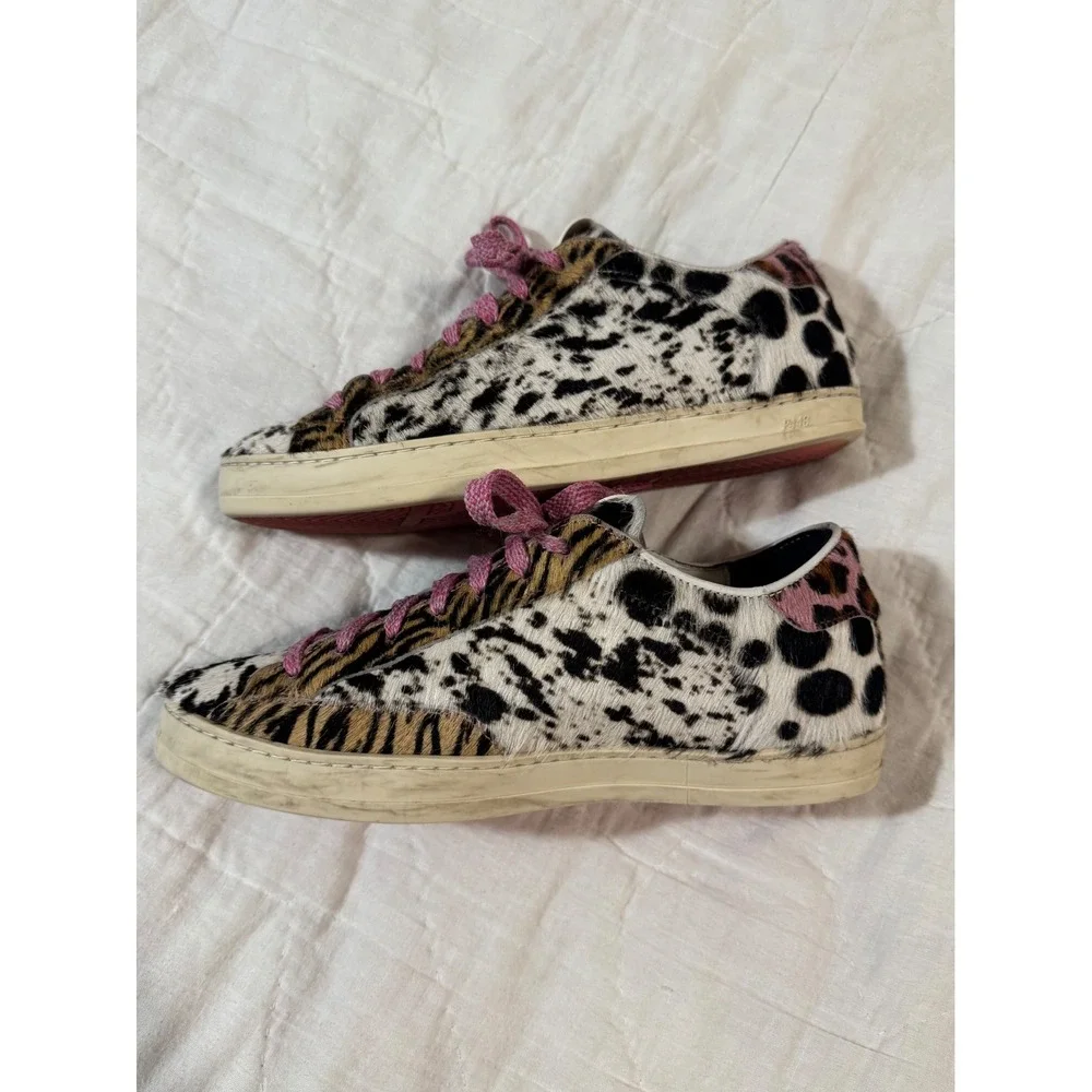 P448 John Animal Print Calf Hair Low Top Sneakers Multi Pattern Pink Laces 38